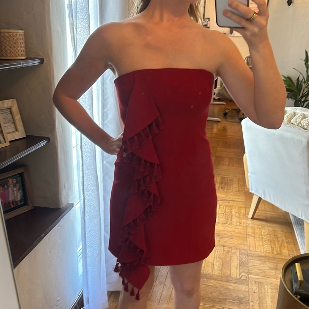 Cinq a Sept Nat Strapless Tassel-Trimmed Ruffle
Crepe Cherry Red Mini Dress, 6